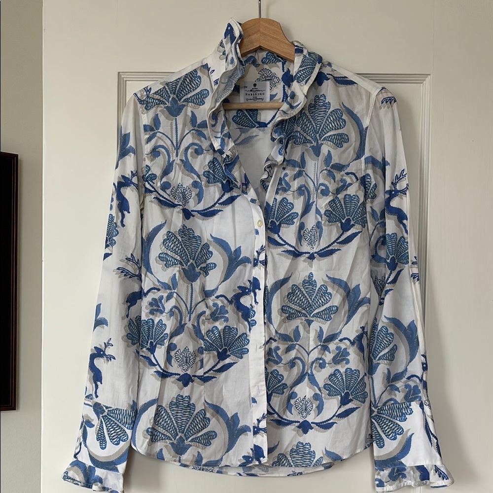Habsburg Blue and White Long Sleeve Ruffle Collar Blouse